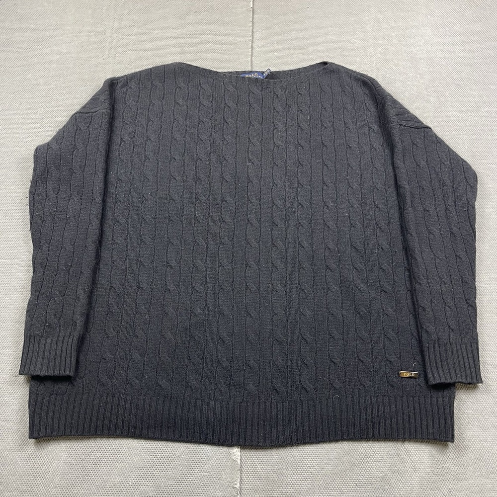 Polo Ralph Lauren Sweater Womens Medium Black Wool Cashmere Blend Cable Knit